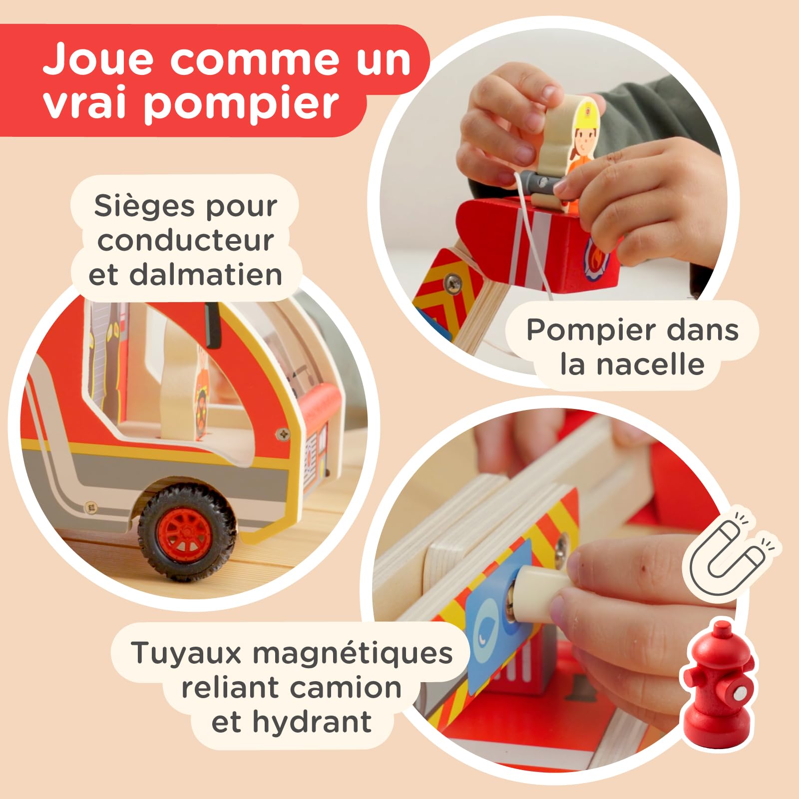 Nene Toys Camion de Pompiers en Bois – Jouet Éducatif Magnétique pour Enfants dès 2 Ans – Échelle Rotative 360°, Tuyaux Magnétiques, Hydrant, Pompiers & Dalmatien – Jouet Montessori FSC Cadeau