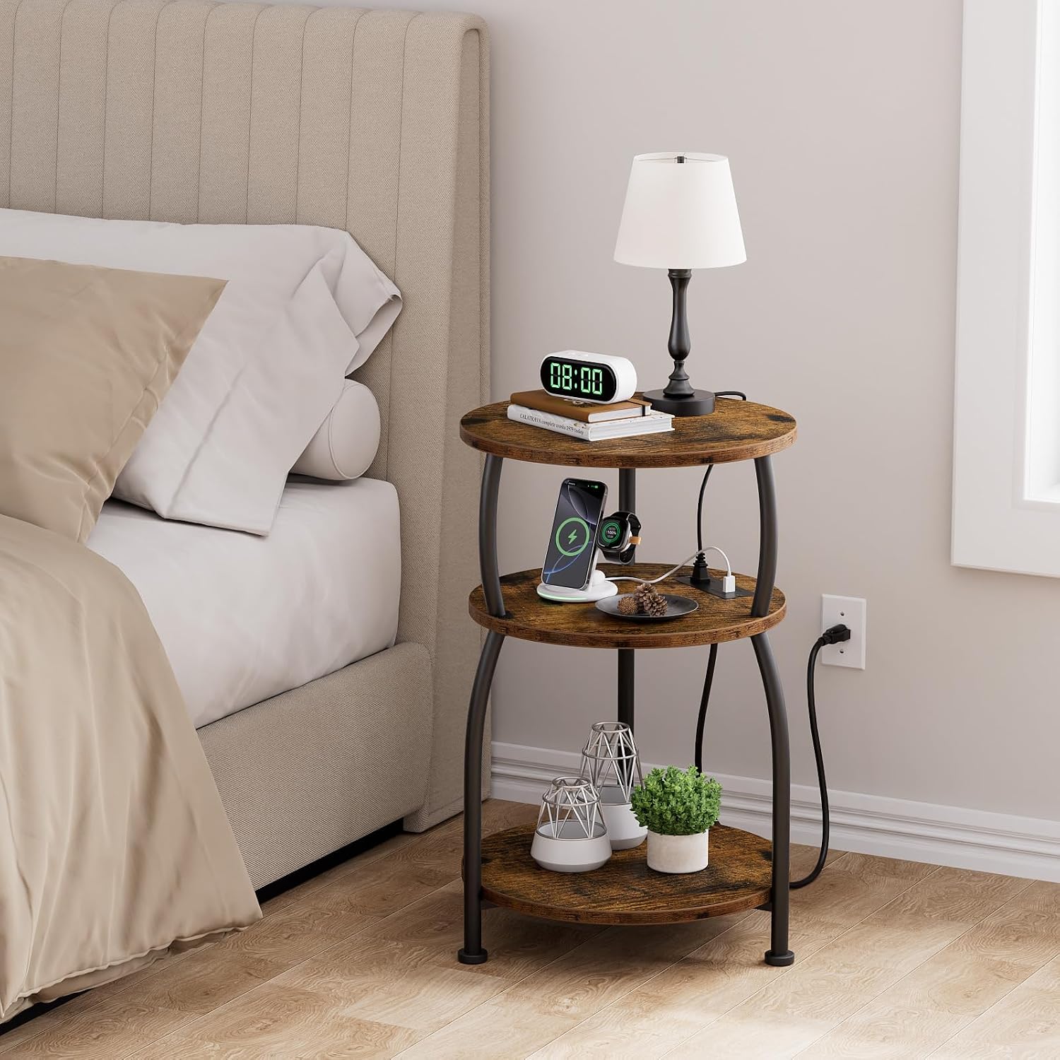 Round Side Table with Power Outlet, USB Type C Port, 3-Tier End Table image 5