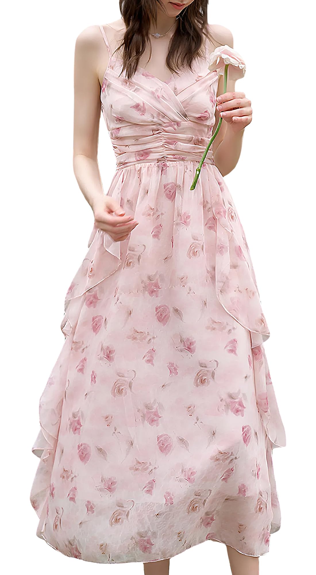 Babalet Women Floral Corset Dress 2025 Boho Midi Dresses Spaghetti Strap V Neck Ruffle Flowy Dress