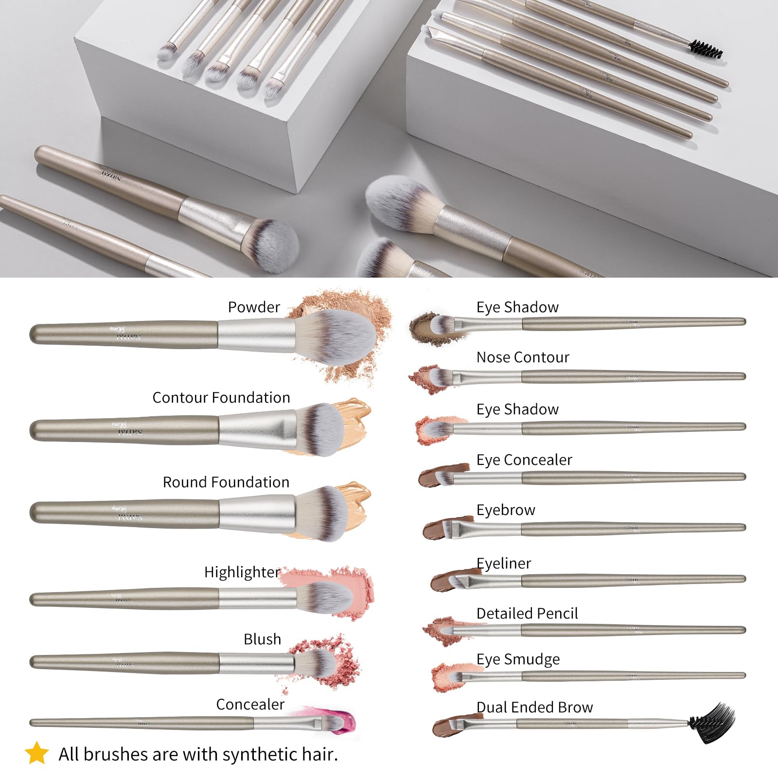 15-teiliges Make-up-Pinsel-Set, vegane Grundierung, Concealer, Rouge, Lidschatten, Eyeliner, Puder, Highlighter, Verblenden, Gesichtspinsel-Set