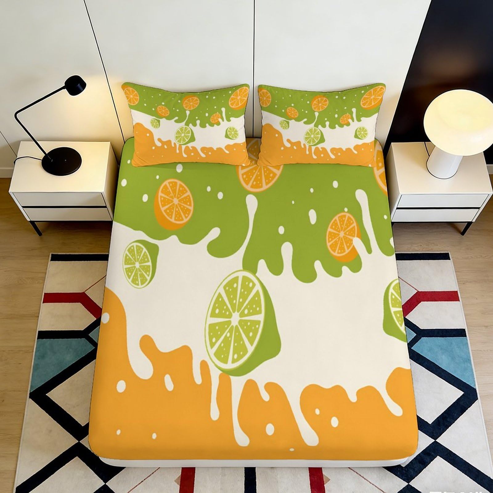 3D Printed Citrus Splash Fitted Sheet Microfiber Orange Lime Bed Cover for Bedroom Guest Room Mattress Protection 90x200x25cm