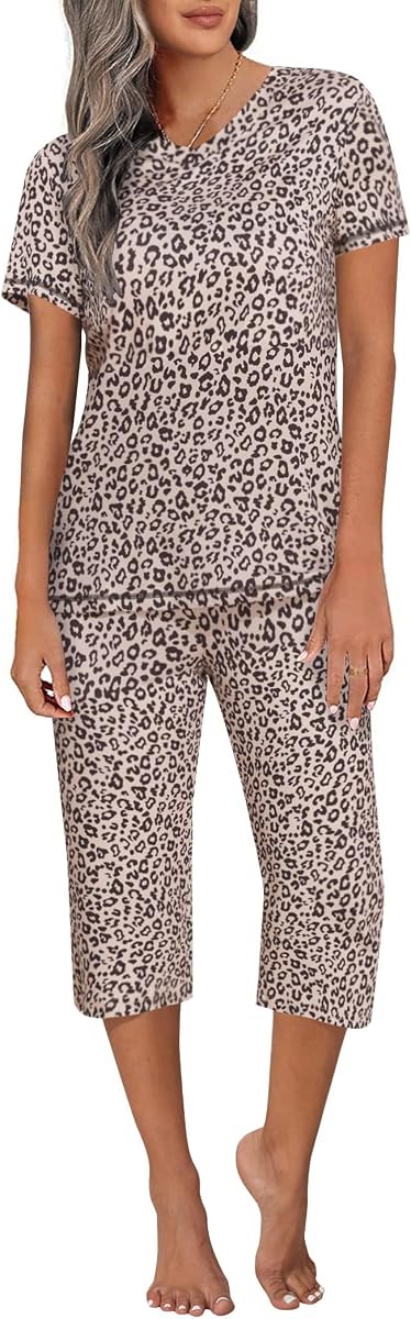 Women's Capri Pajama Sets Short Sleeve Two Piece Summer Lounge Sets