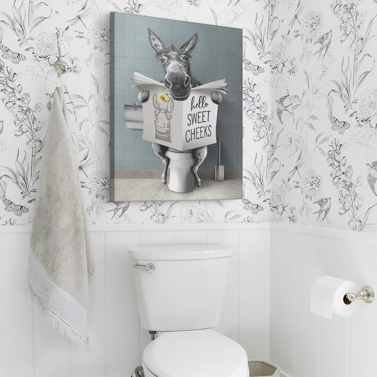 Farmhouse Bathroom Wall Art - Funny Donkey Sitting in Toilet Reading Newspaper Picture - Framed Modern Artwork for Bathroom Decor 12x16 inch