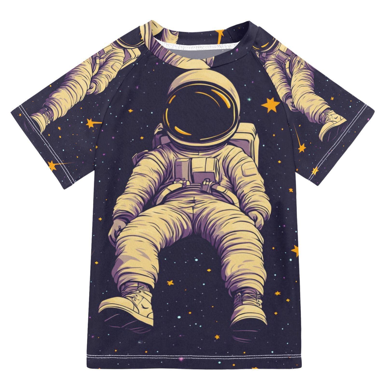 Jucciaco Boys Swing Shirts Astronauts Star Outer Space Rashguard Short Sleeve Kids T-Shirts Sun UPF 50+