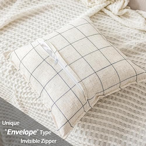 Miniatura 4 de CARRIE HOME Juego de 2 fundas de almohada europeas blancas de 26 x 26 pulgadas, fundas de almohada decorativas de lino a cuadros blancos de 26 x 26