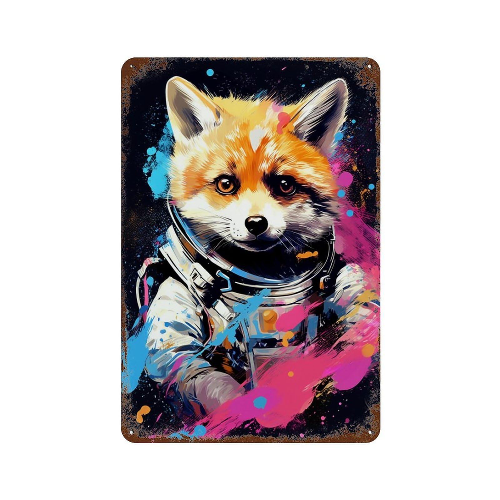 Space Fox Adventure -1 11.8"x7.9" Vintage Rust Metal Sign, Classic Wall Plaque for Office, Studio And Wall Decor