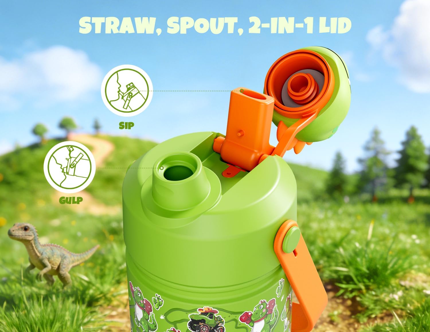 POWCAN Kids Water Bottle for School: 2-in-1 Straw Spout Lid with Soft Animal Head, Leakproof, Backpack Friendly, Keep Cold 24H, Insulated cup for Sports, Playground, Holiday Gift, Cowboy Rex 18 Ounces image 3