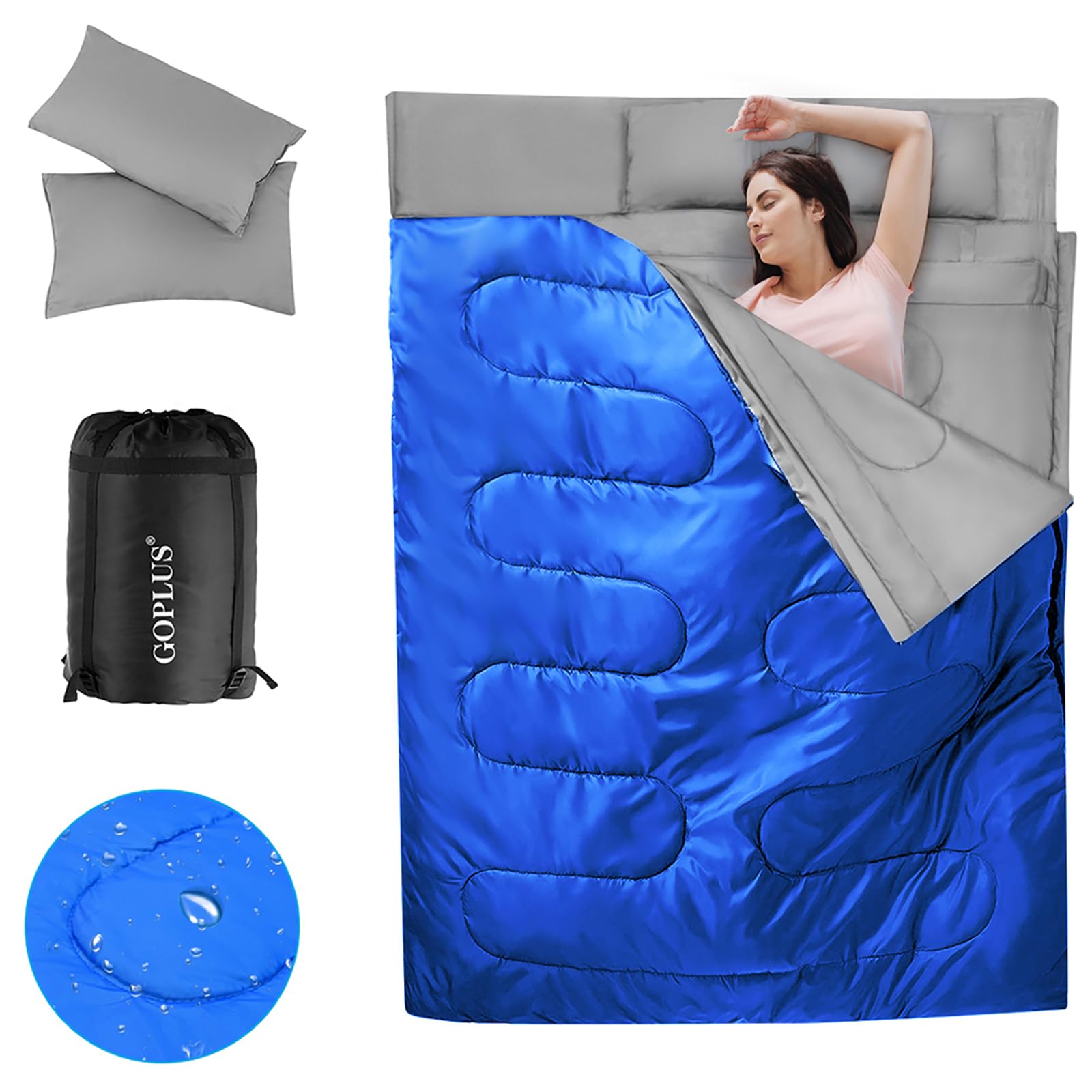 COSTWAY 2 in 1 Doppelschlafsack, Einzelschlafsack XL, Deckenschlafsack 2 Personen/mit 2 Kissen / 220x150cm / für Camping, Wandern, Aktivitäten im Freien
