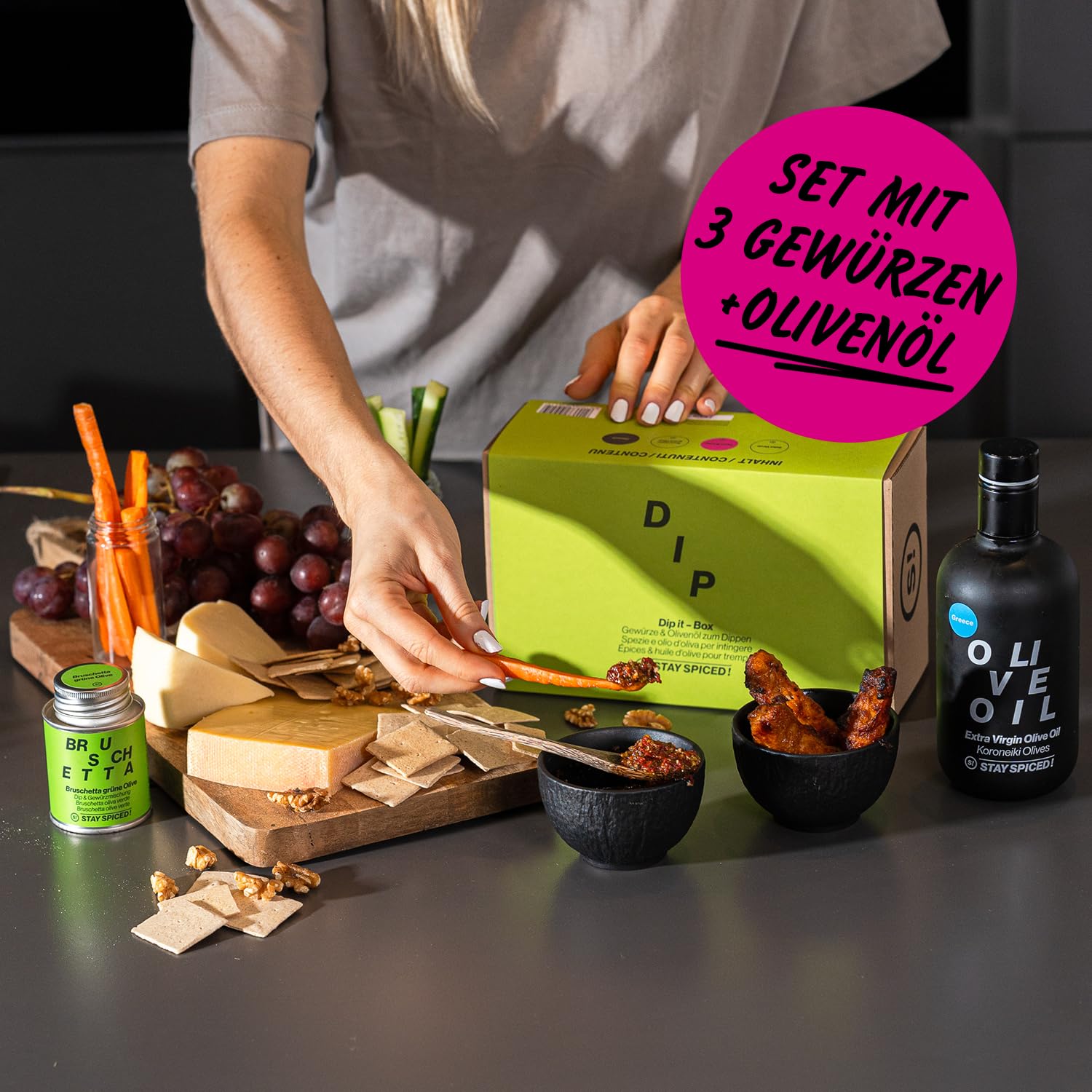 STAY SPICED! DIP-IT Box | Premium Geschenkset mit 3 Gewürzen & Olivenöl