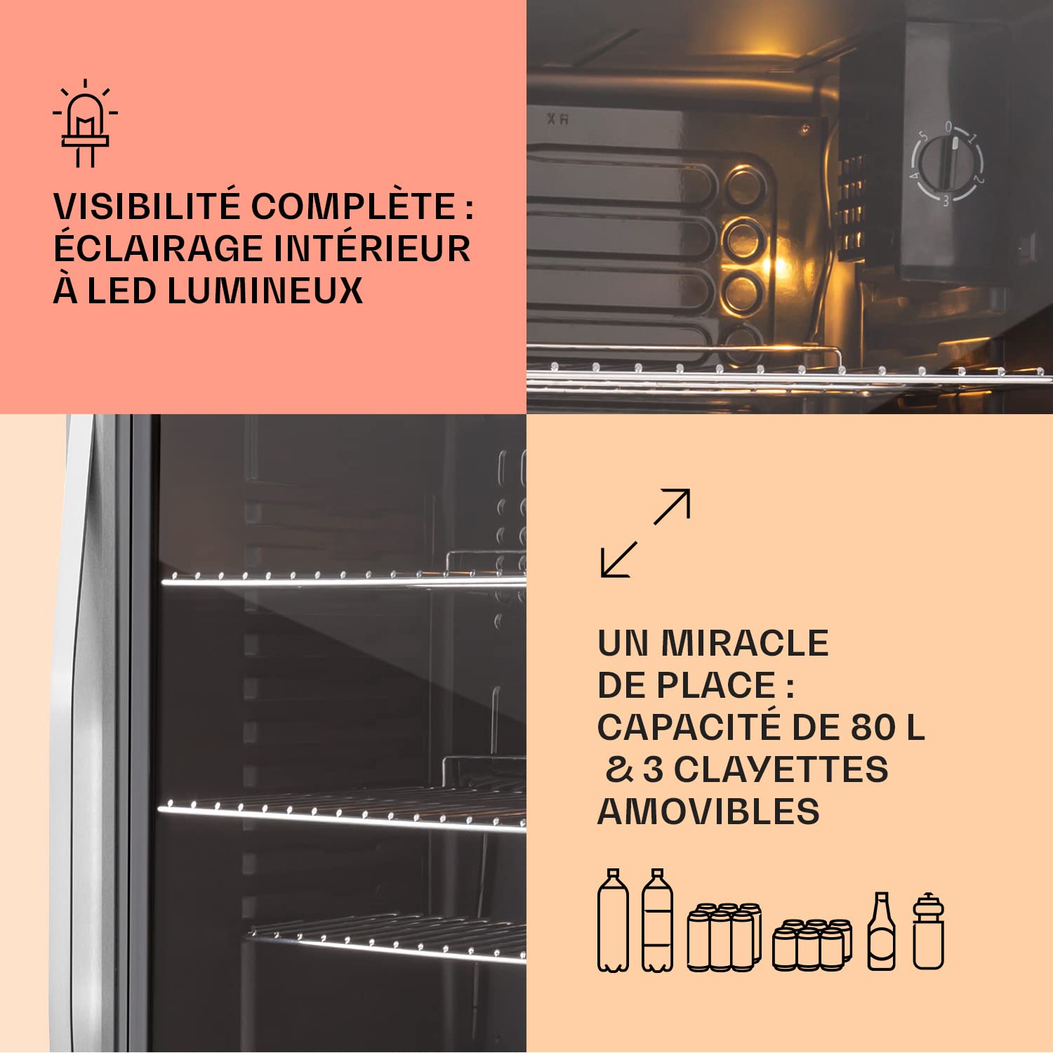 KLARSTEIN Beersafe Beverage Fridge 80L - Mini Fridge with Glass Door, Black/Silver | LED Lighting, Removable Metal Shelves, Quiet, for Drinks and Cans