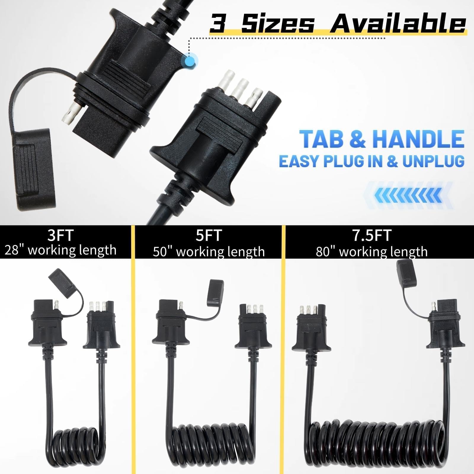 MECMO Extensión de cable plano de 4 vías para remolque, cable en espiral elástico de 3 pies y 36 pulgadas, adaptador en espiral macho y hembra de 4 pines, calibre 18, cable recubierto resistente,