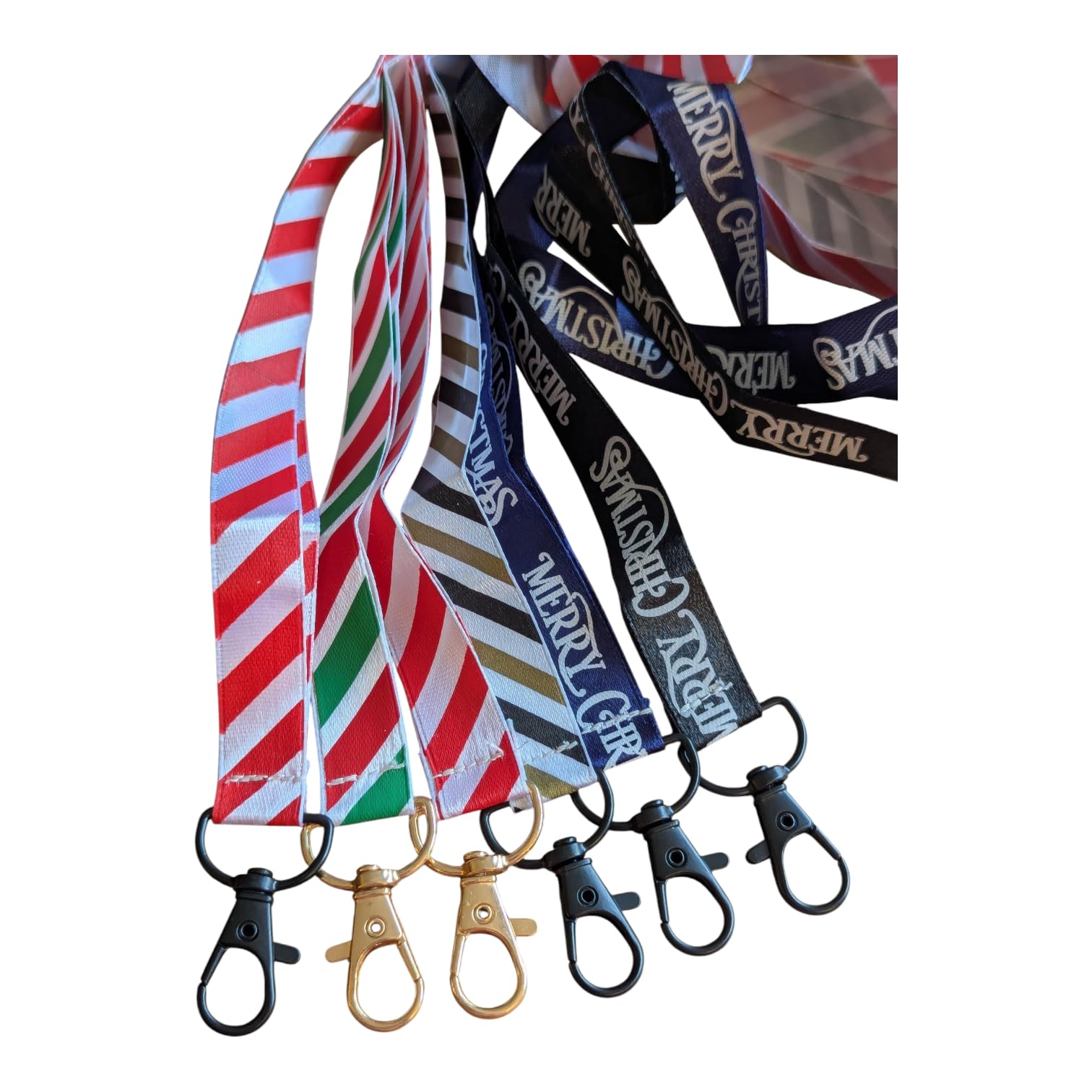 Christmas Print Ribbon Lanyard 2cm Satin Neck Strap with Lobster Clasp Xmas Satin Badge Holder or Keychain Individual or Bundle Pack (6pc Set - Merry Xmas Stripes) - Image 2