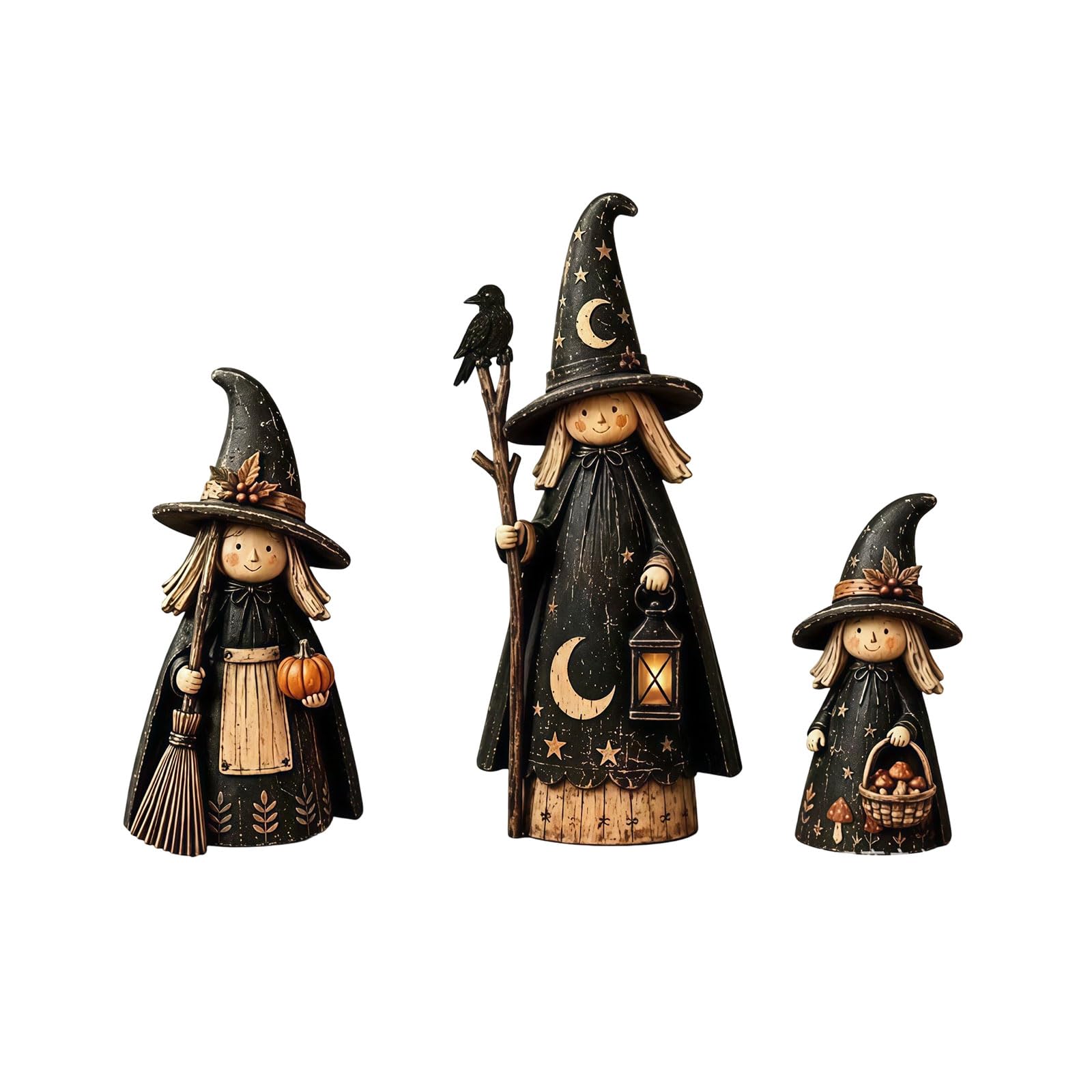 3-Piece Wooden Witch Figurine Set