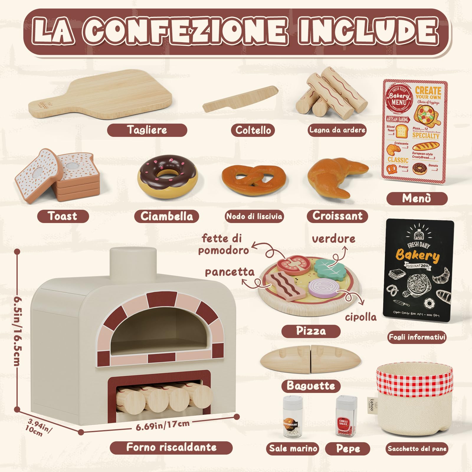 Lehoo Castle Cucina Giocattolo per Bambini, Pizza Giocattolo in Legno, Accessori Cucina Bambini, Giochi Bambino Bambina 3-5 Anni