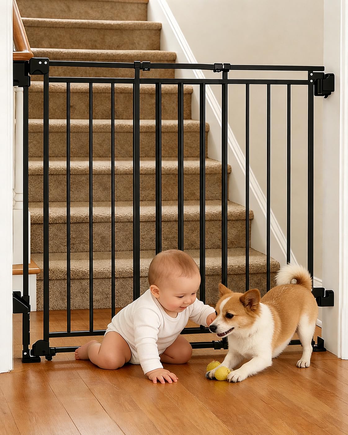 Baby Gate for Stairs, Doorways & Hallways with Auto Close – 26.4"-43" W x 39" H, Extra-Wide Walk Thru and No Bottom Bar for Easy Access, Adjustable Safety Gate for Dogs & Toddlers, Black