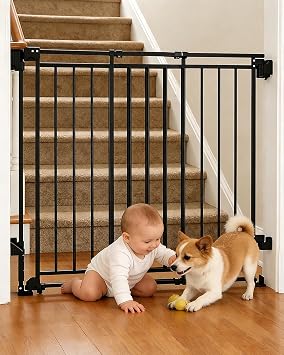 Baby Gate for Stairs, Doorways & Hallways with Auto Close 26.4"-43" W x 39" H, Extra-Wide Walk Thru and No Bottom Bar for Easy Access, Adjustable Safety Gate for Dogs & Toddlers, Black
