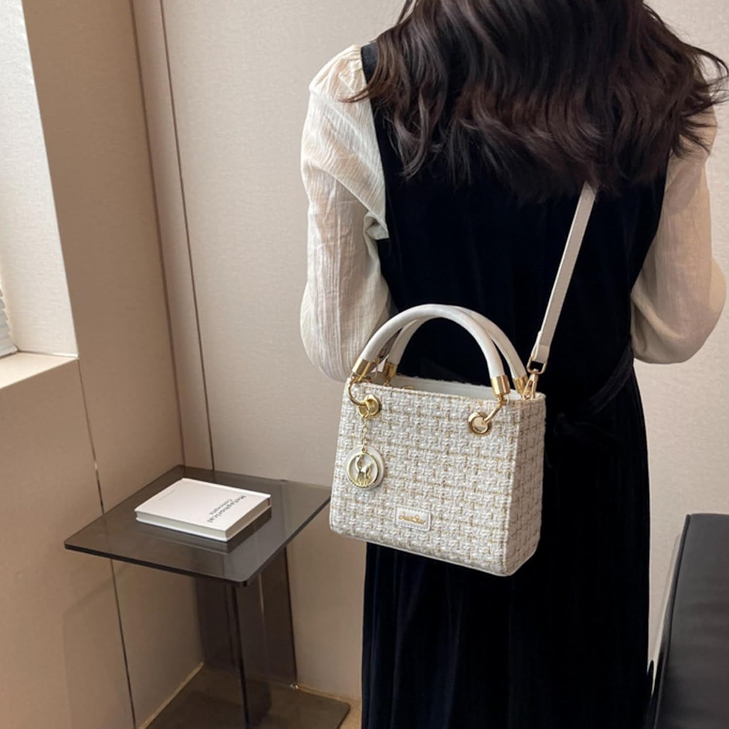 Quilted Shoulder Bag Purse for Women Fashion Tweed Pearl Clutch Handbag Designer Small Crossbody Bag, with Chain Strap