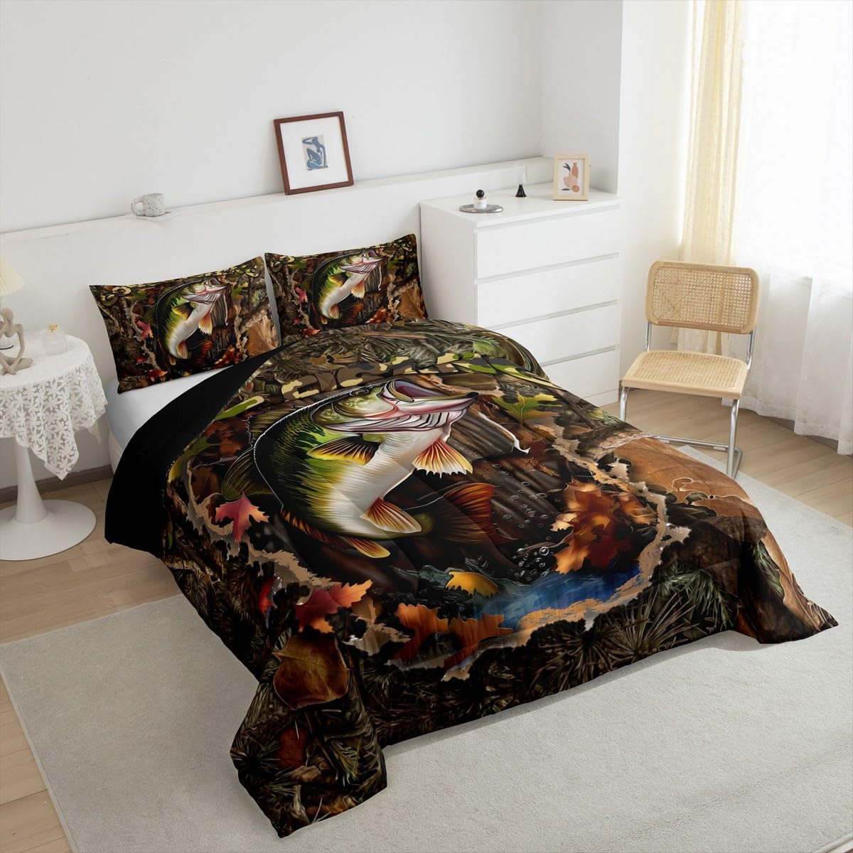 Erosebridal Men's Camo Fish Bedding Set Full Size Kids Fishing and Hunting Comforter Set Boys Pike Fish Bed Sets Teens Adults Rustic Farm Hunting Duvet Quilt Sets