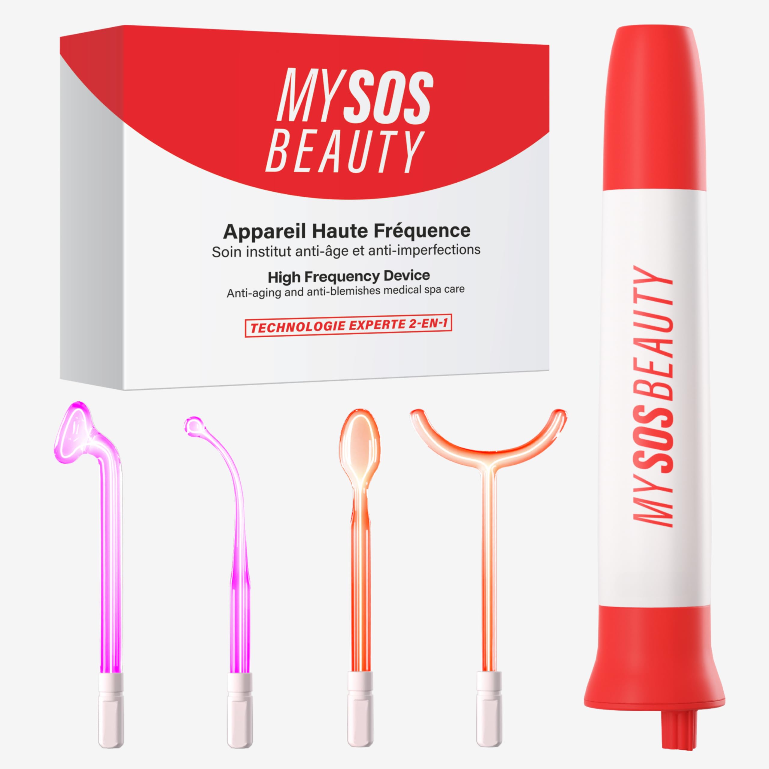 Appareil Haute Fréquence 2 en 1 My SOS Beauty - Anti-Imperfections & Anti-Âge - Réduit l’Acné, Resserre les Pores, Lisse les Rides - Effet Fermeté et Anti-Rides - Soin Visage Professionnel à Domicile