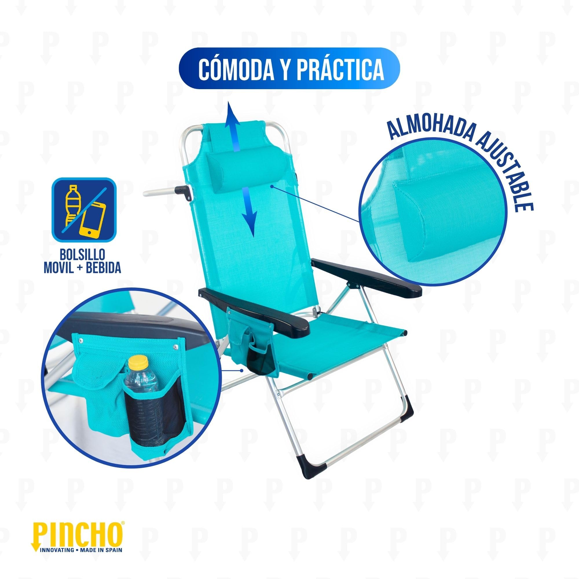 Pincho Silla Playa Plegable, Sillon Alto con Cojín, Reclinable, Altura del Asiento 29,5 cm, Asa de Transporte, Bolsillo para Movil y Bebida Textileno Resistente, Jardin, Camping, Hamaca (Turquesa, 2)