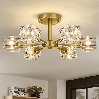 Modern 17.3" Crystal Chandelier, 6-Light Gold Flush Mount Ceiling Light