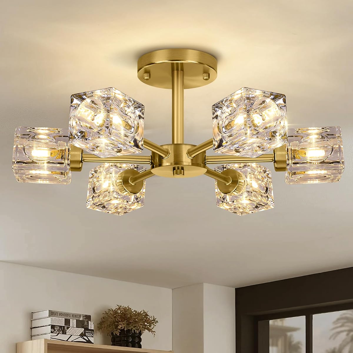 Modern Crystal Chandelier, 6-Light Gold Flush Mount Ceiling Light, 17.3''
