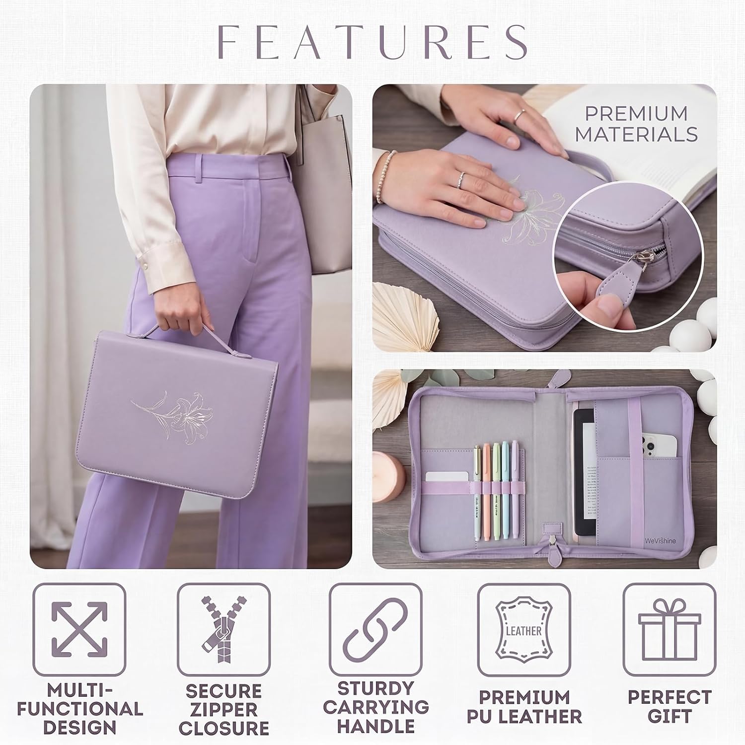 Large Bible Cover for Women, Large PU Leather Bible Case with Elegant Embossed Floral Pattern, Interior Pockets for Phone Pen & Notebook, Elastic Strap, Christian Gifts for Women(Purple)