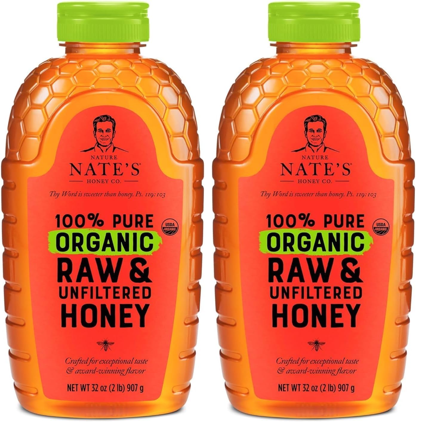Nate's Organic 100% Pure, Raw & Unfiltered Honey - USDA Certified Organic - 32oz. Squeeze Bottle (Pack of 2)
