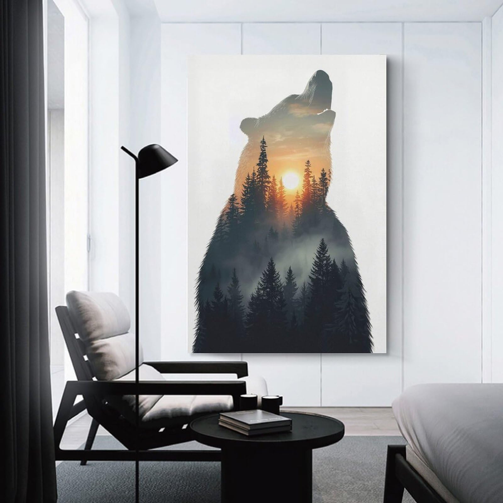 Junmoney Wall Decor Canvas Print Bear Silhouette with Forest Sunset, 24x36inch(60x90cm), for Study, Office Or Apartment Decor, Canvas Artwork with Gifting Potential