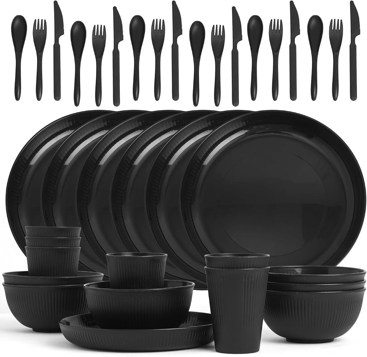 36 Pcs Wheat Straw Dinnerware Set,Dinnerware Sets for 6,Large Round Plates, Bowls and Cups, Unbreakable dish set, Dishwasher and Microwave Safe, Outdoor Camping Dishes (Black)