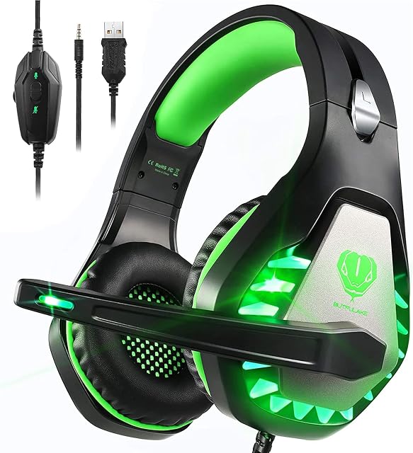 Pacrate Gaming Headset for PS4 PS5 Switch Xbox One Headset with Noise Cancelling Mic Wired Headset with LED Light for Mac Laptop PC Gaming Headset Soft Memory Earmuffs,Black Green