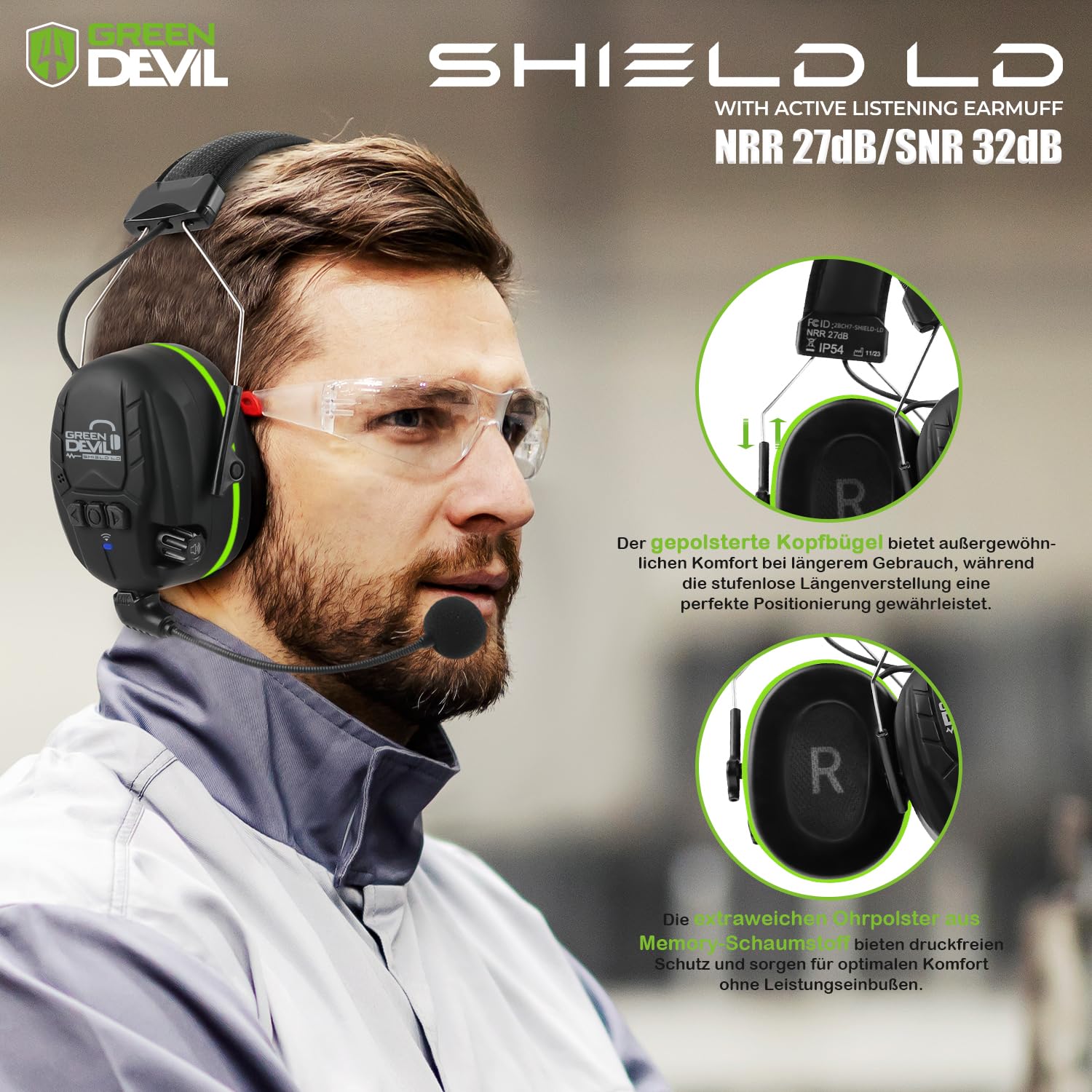 GREEN DEVIL Shield LD Aktiver Gehörschutz - elektronischer Gehörschützer mit Bluetooth 5.3 Technologie Integriertes Mikrofon EN352-konforme SNR 32dB für Mähen und Lärmintensive
