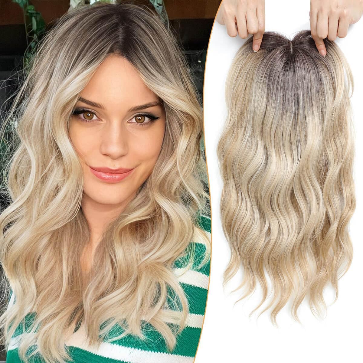 Ms Taj Haarteile für Damen, 40cm Blonde with Dark Root Welliges Synthetik Haarteile für Frauen mit dünner werdendem Haa Haarteil
