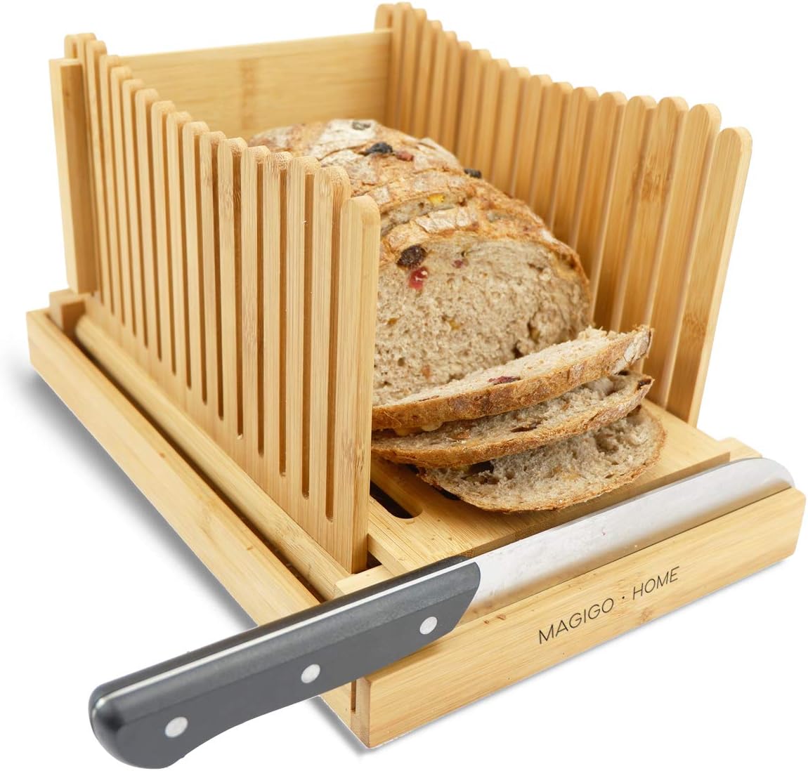 Nature Bamboo Foldable Bread Slicer with Crumb Catcher Tray, Bread Slicing Guide for Homemade Bread & Loaf Cakes, Thickness Adjustable (Knife not included)