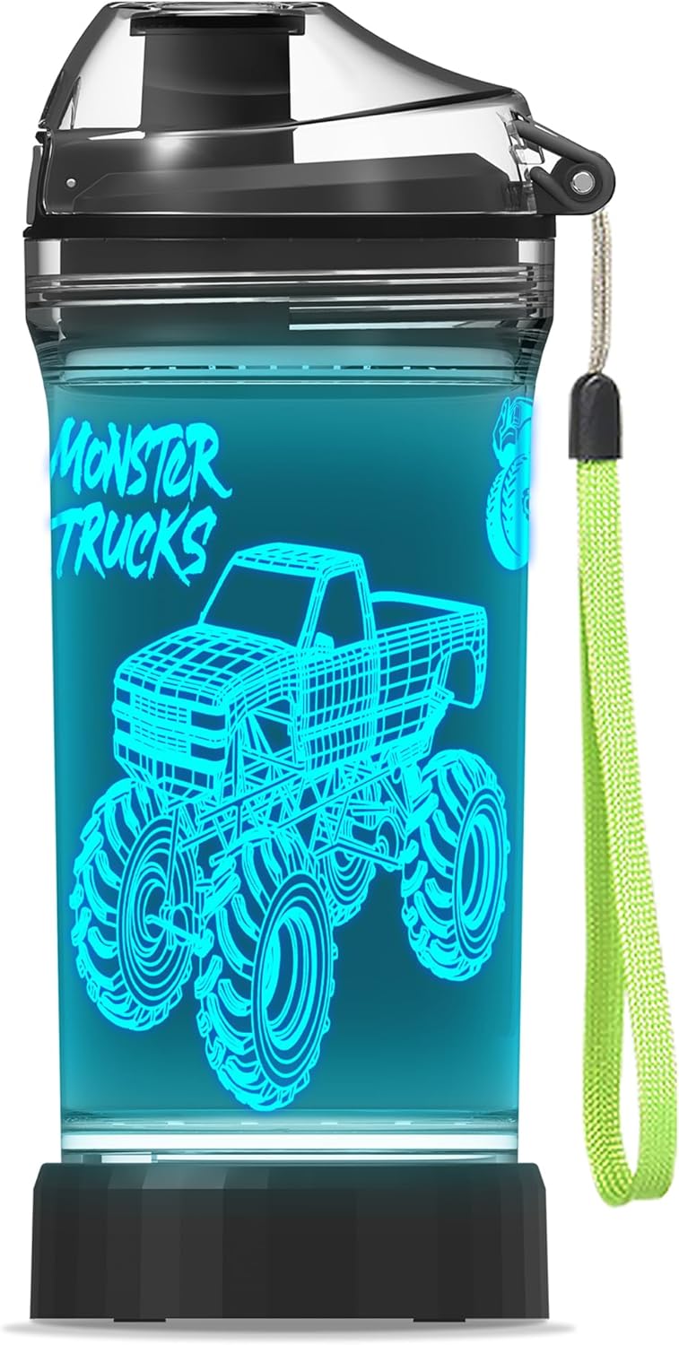 YuanDian 3D Glowing Water Bottle with 3D Monster Truck Design- 14 OZ Tritan BPA Free - Cool Drinking Cups Gift for School Kids Boy Girl Child Christmas Holiday(Random Monster Truck)
