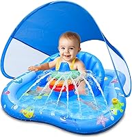 iGeeKid Baby Play Mat with Sprinkler: Inflatable Pool Float, Canopy, Backrest & Stackable Rings for Toddler Water Play