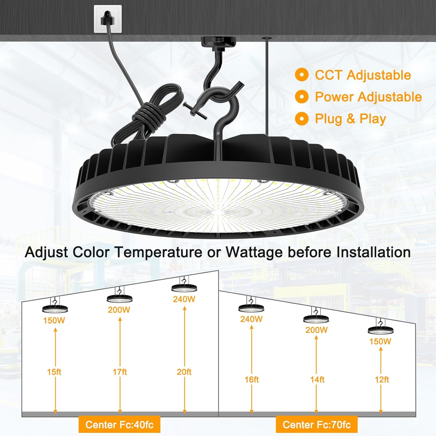 UFO LED High Bay Light 240W/190W/140W Adjustable Low Bay LED Shop Lights 4500K/5000K/5700K Adjustable, ETL Listed Dimmable Warehouse Lighting Fixture AC100-277V
