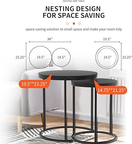 Miniatura 3 de JCWH Mesa auxiliar anidable negra, mesa auxiliar redonda de mármol sintético S2, mesa de noche apilable Morden, con patas de metal ajustables para
