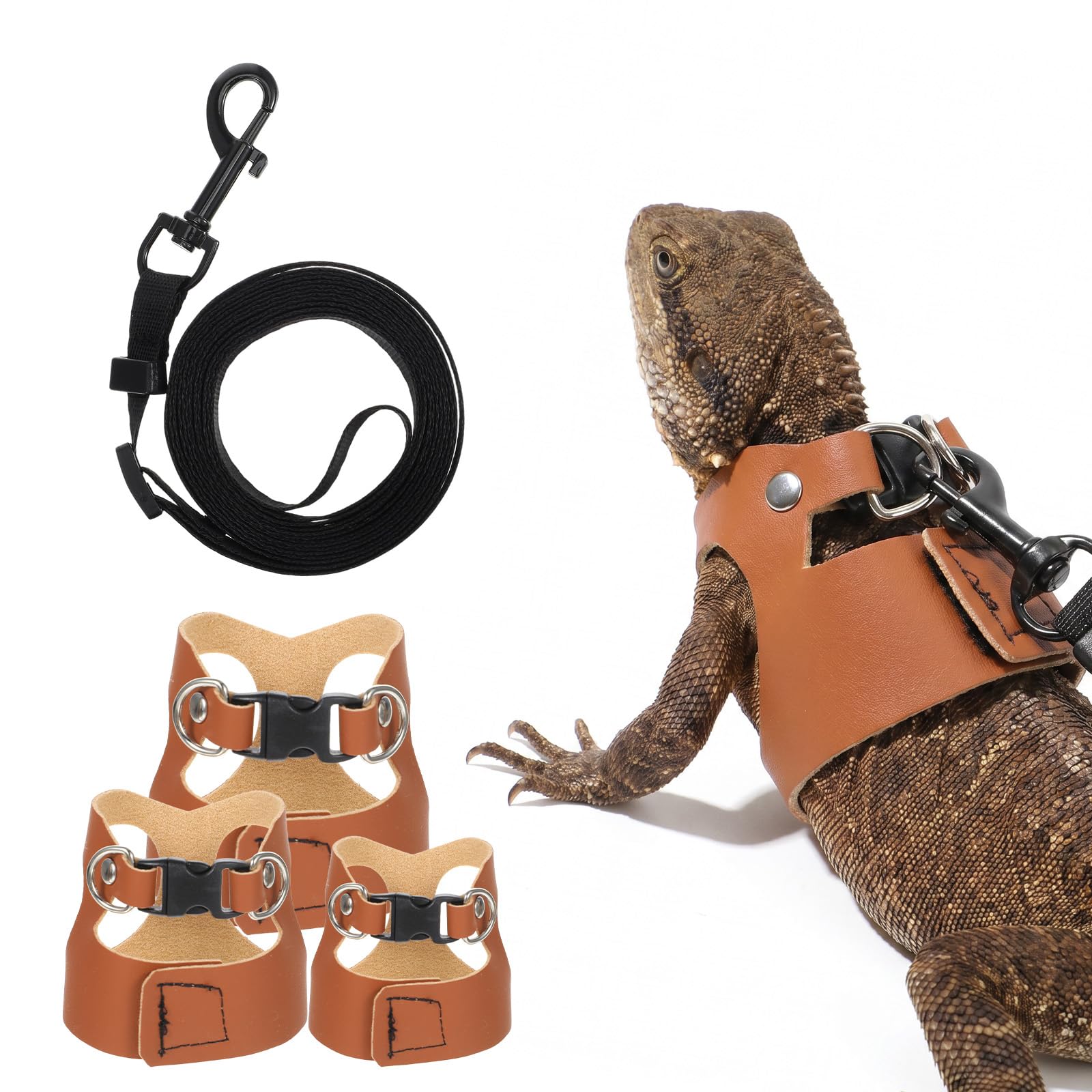RAHHLIZS Bearded Dragon Harness and Leash Set, 3 Sizes Adjustable Reptile Leash with Nylon Traction Rope, Escape Proof Lizard Walking Vest for Bearded Dragon Leopard Gecko Small Pets