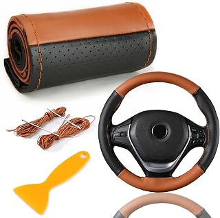 Genuine Leather Steering Wheel Cover, Stitched On The Cover, Universal Car Steering Wheel Cover, For 37-39cm Steering Wheels (Dark Brown)