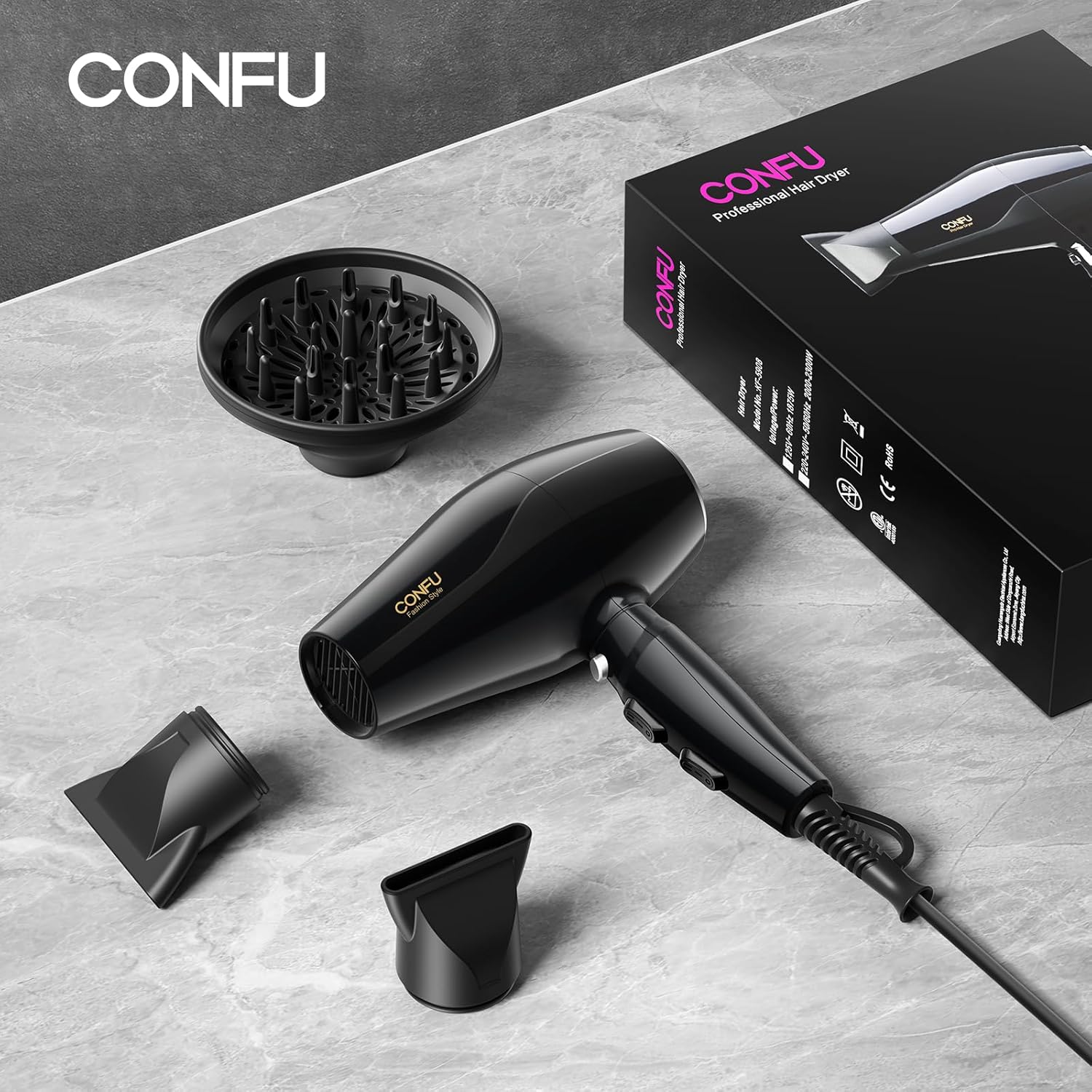 Confu Professional Blow Dryer with Diffuser, 1875w Ionic Hair