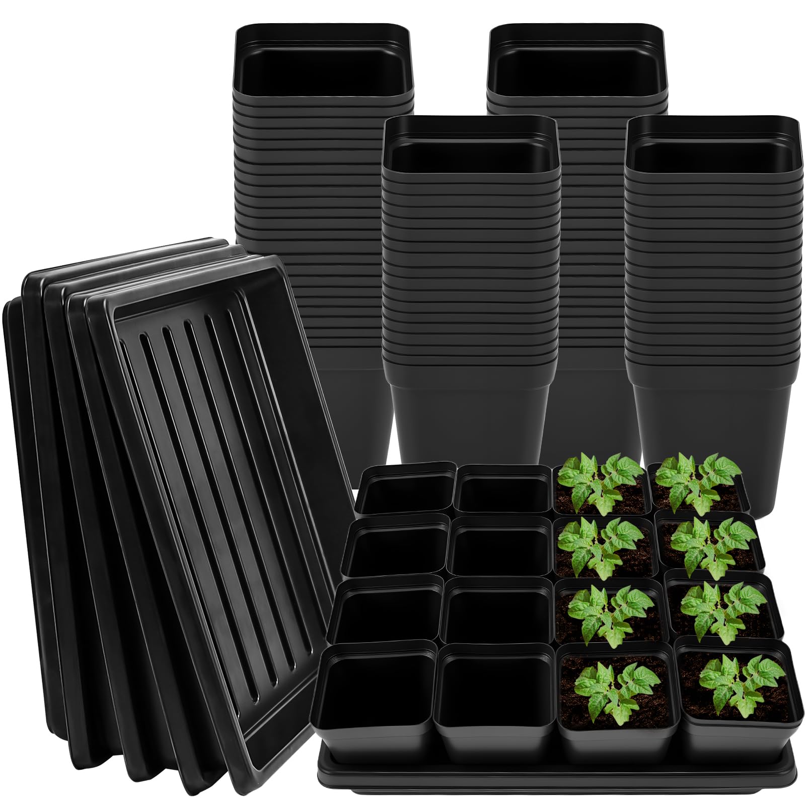 NNG 100 macetas cuadradas negras de 2.4 pulgadas, 5 bandejas de plástico para iniciar semillas, kit de iniciación de propagación de plantas, macetas cuadradas con agujeros de drenaje