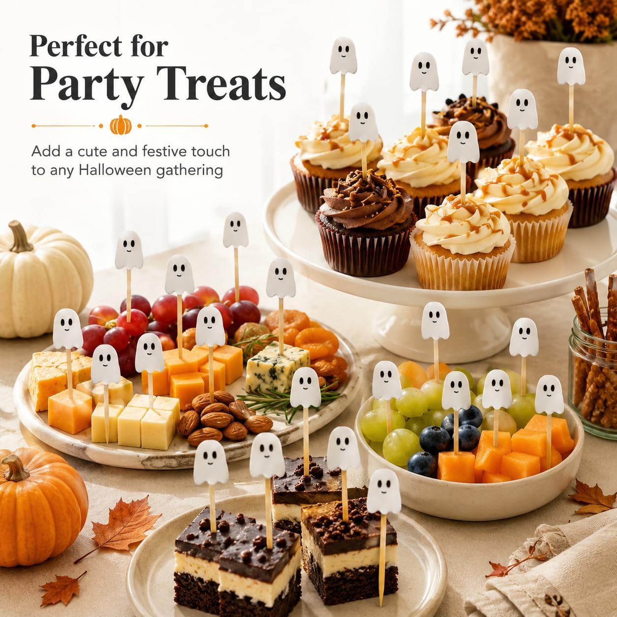 100 Pcs Ghost Bamboo Cocktail Picks for Halloween Party Appetizers (White)