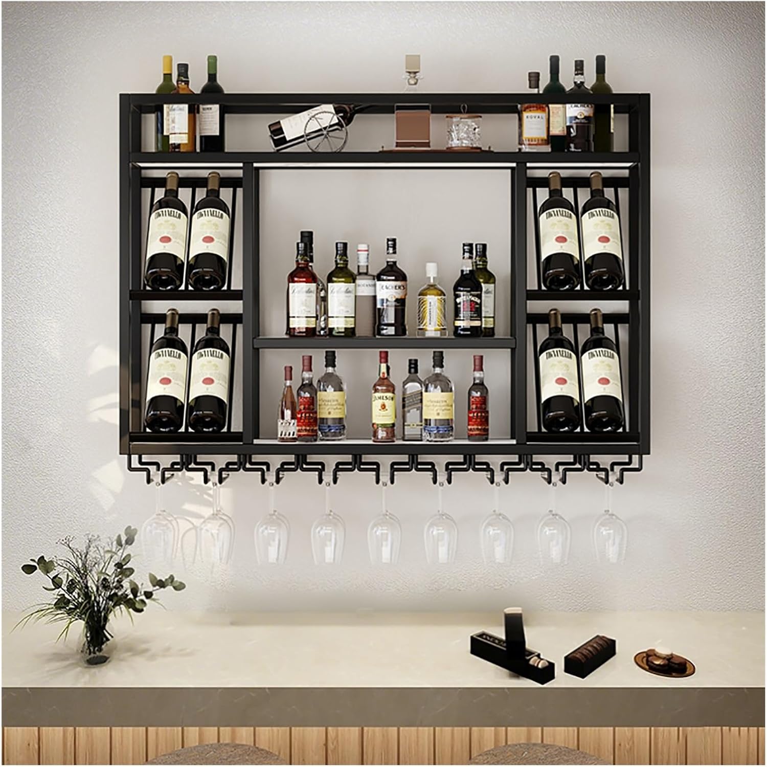 Wall-Mounted Wine Rack - Stylish Wine Bottle Holder Space-Saving Wine Storage for Kitchen Bar Dining Room Cellar - Black 100x25x70cm