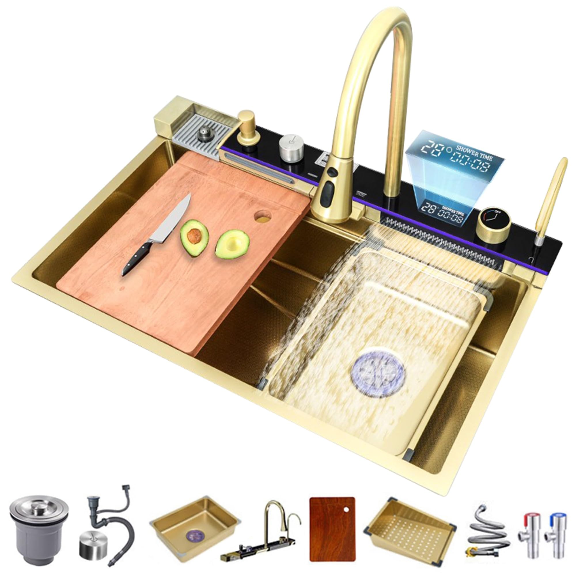 ZQFHSX Gold Undermount Stainless Steel Single Bowl Kitchen Sink Multifunctional 85x45cm Waterfall Design for Modern Kitchens & Stylish Solution