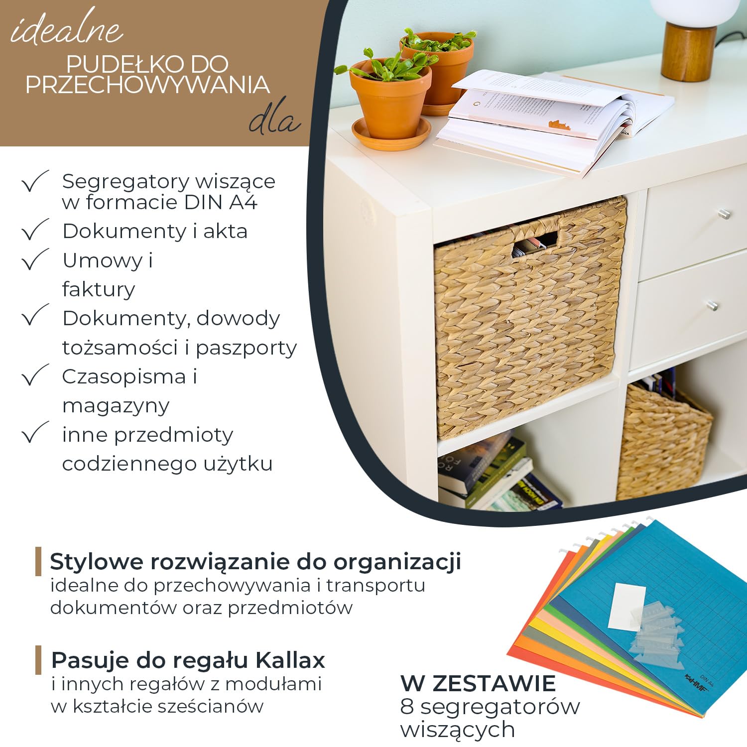 HMF Kosz do przechowywania odpowiedni do Kallax na wiszące teczki DIN A4, kosz pleciony z hiacyntu wodnego, zawiera 8 wiszących teczek, 33 x 38 x 32 cm