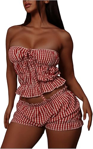 SHENHE Conjunto de 2 piezas para mujer, top de tubo corto con volantes y pantalones cortos de tiro bajo