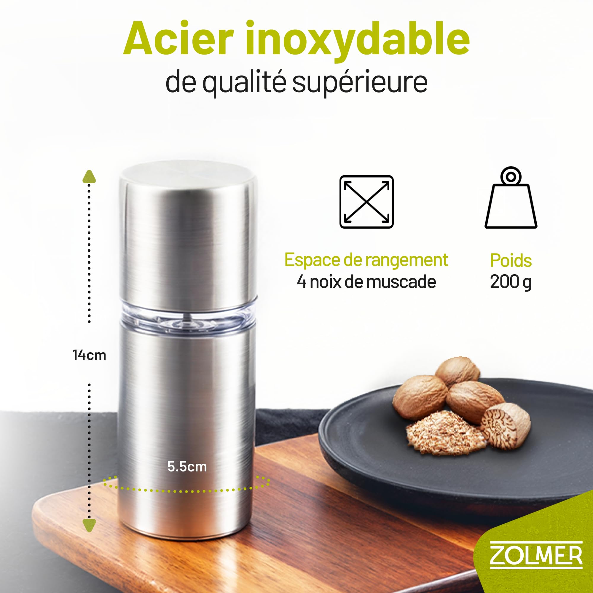 Moulin à Noix de Muscade Avec Récipient de Conservation | Broyeur Extra Tranchant Pour Poudre Fine | Râpe en Acier Inoxydable