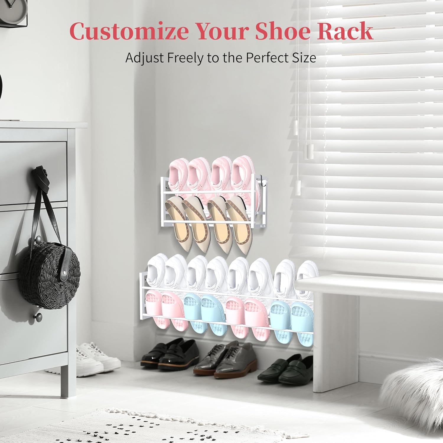 3 Pack Wall Mounted Shoe Rack for Narrow Spaces, Hanging Shoe Rack Holds 24 Pairs, 17"-30"Adjustable Heavy Duty Wall Shoe Storage with 6 Storage Hooks, Space Saving for Closet Entryway Door, White