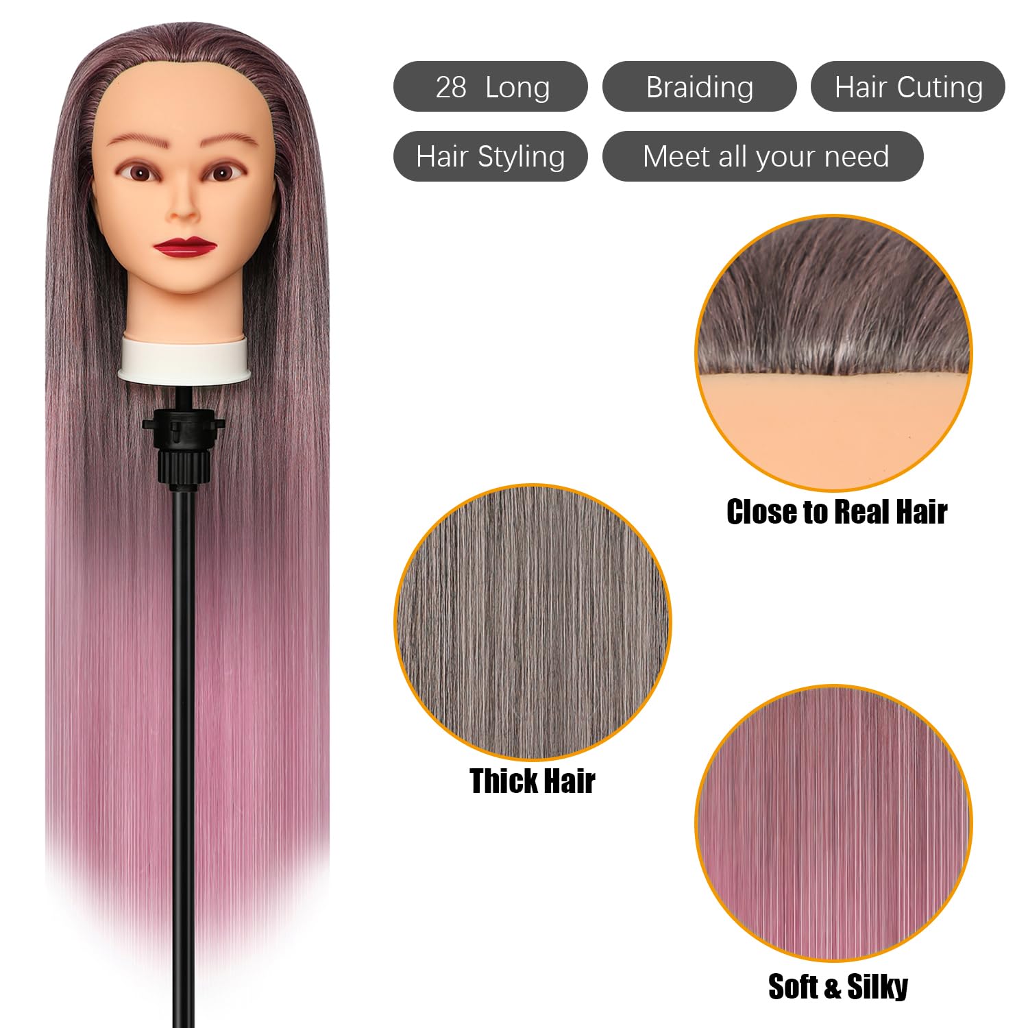 Trainingsköpfe, 28 inch Frisierkopf für Frisöre 100% Synthetikfaser-Haar Übungskopf,mit DIY Stricken Kit und kostenlose Tabelle Clips (Gradient pink)